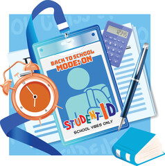 Colorful vector of a student ID badge with &ldquo;Back to School Mode: ON&rdquo; text, surrounded by school elements like a locker, clock, pen, and calculator. Great for back-to-school designs and education-theme