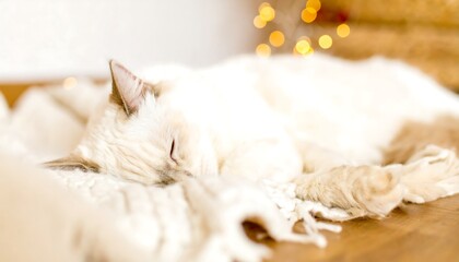 Cream colored cat sleeping on blanket