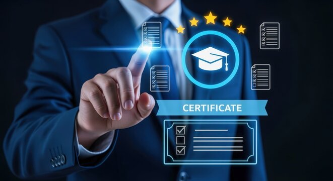 Digital Certificate Concept: Man Interacts with Glowing Graduation Cap Icon for Educational Attainment