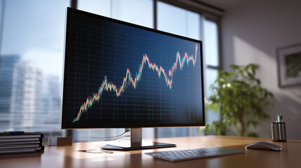 Office monitor showing upward financial graph analytics