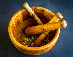 Wooden Mortar and Pestles with Spices