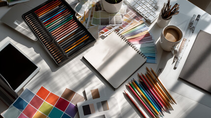 Designer desk flat lay with sketchbook, tablet and color swatches