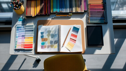 Designer desk flat lay with sketchbook, tablet and color swatches