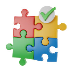 Fototapeta premium Four colorful puzzle pieces connected with a green check mark, isolated on transparent background