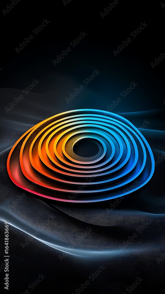 Poster colorful abstract wave with radiant circular patterns on dark background