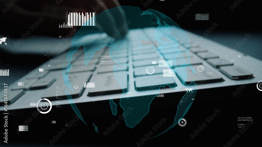 Poster this image showcases a close-up view of hands typing on a laptop keyboard, enhanced with a digital g