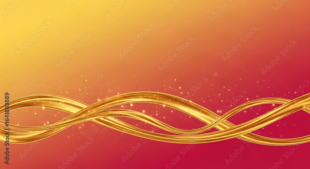 Poster abstract golden wavy lines with sparkles on yellow red gradient background