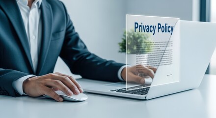Businessman reviews online privacy policy on laptop: data protection, cybersecurity compliance, and regulatory technology