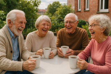Four happy senior friends enjoying a pleasant coffee break together, sharing laughter and good times in a friendly atmosphere