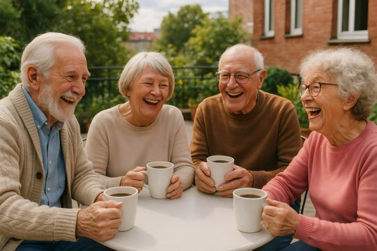 Four happy senior friends enjoying a pleasant coffee break together, sharing laughter and good times in a friendly atmosphere