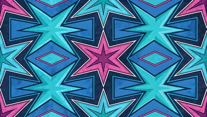 Abstract geometric pattern with stars and rhombuses in blue and pink colors