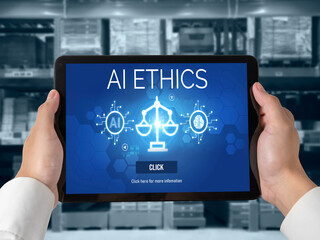 AI ethics responsibility standard law and rules on computer screen provide report of AI ethic transparency preventing technology crime. brisk
