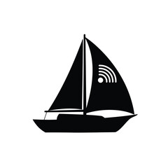 Black sailboat with radio signal icon sailing water