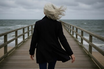 Senior woman walking on a wooden pier on a cloudy day with wind blowing her gray hair and black coat