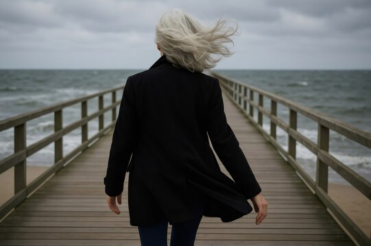 Senior woman walking on a wooden pier on a cloudy day with wind blowing her gray hair and black coat - Powered by Adobe