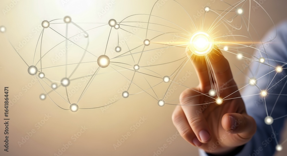 Poster abstract technology network connection with hand touching point, representing innovation, communicat