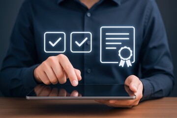 Digital Compliance and Approval: Hands on Tablet Showing Agreement and Certification Icons