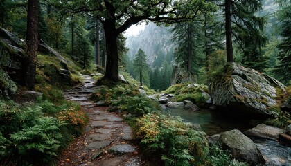 Fototapeta premium A serene path through a forest, symbolizing the journey towards peace.