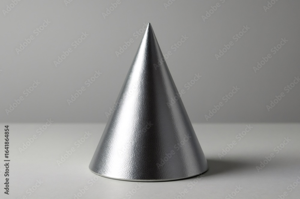 Poster silver textured cone resting on a smooth gray surface, creating a minimalistic and abstract composit