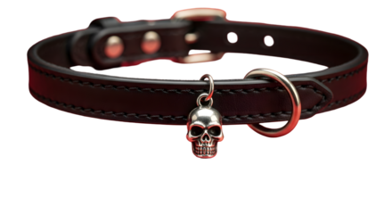 Edgy black leather dog collar with striking silver skull charm for stylish pets