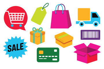 E-commerce Icons: Shopping Cart, Packages, Sale Tag, and More