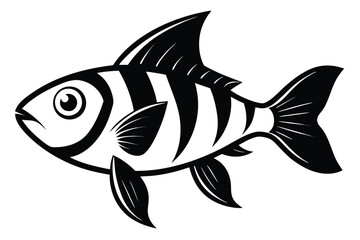 Striped Fish Icon, Aquatic Silhouette With Fins, Isolated Black Fish On White Background