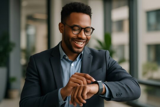 Happy businessman wearing a smartwatch in a modern office environment, checking notifications and enjoying a productive workday