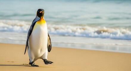 A king penguin walks along a sandy beach with the ocean in the background