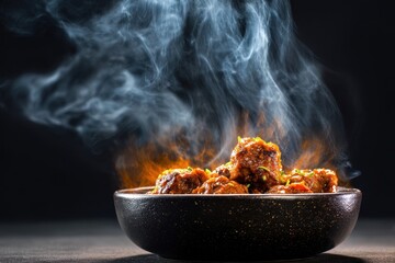Deliciously smoky meatballs served in a black bowl with flavorful steam rising from the dish