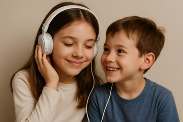Happy sister and brother sharing headphones and enjoying music together, childhood bonding and happiness concept