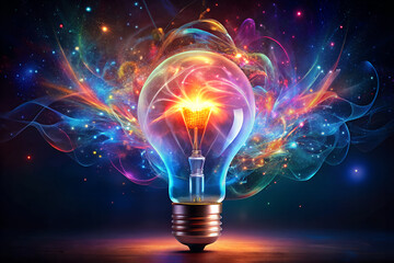 Glowing light bulb with vibrant colorful energy explosion and cosmic background idea innovation