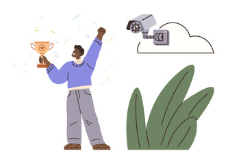 Person raising a trophy in celebration, cloud-mounted camera symbolizing surveillance, and abstract green foliage. Ideal for achievement, monitoring, technology, privacy, nature, personal growth