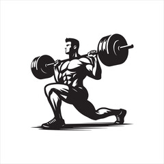 Powerful athletic man lifting heavy barbell during intense lunge exercise routine. Fitness concept