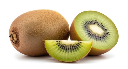 Fototapeta premium Whole and sliced kiwi fruit on a white background