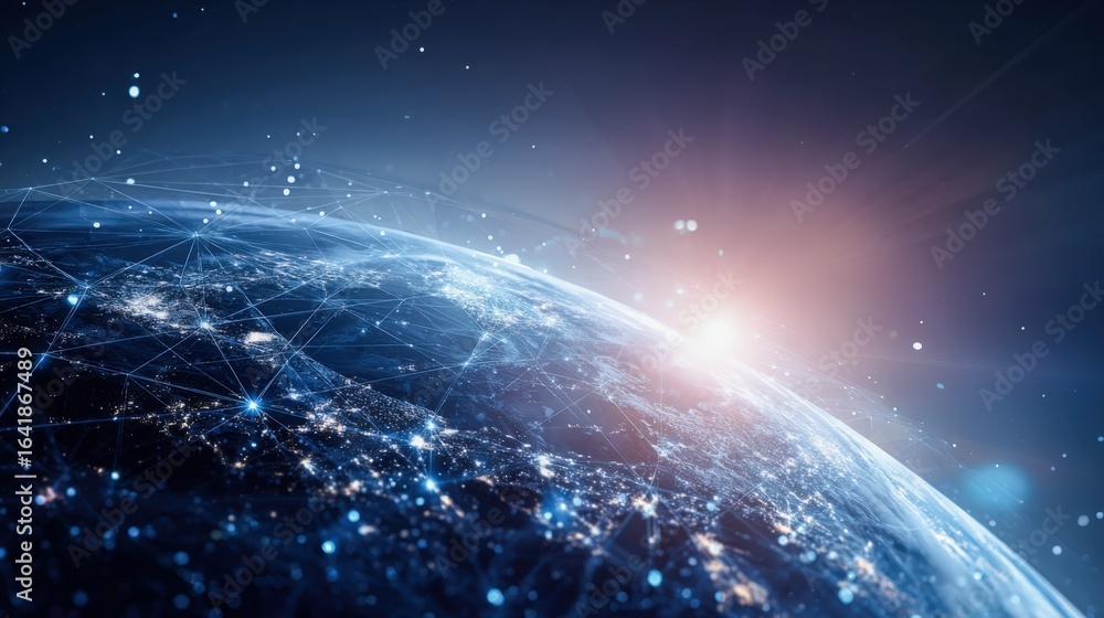 Aufkleber global network connection: abstract earth view with glowing nodes and interconnected lines for moder