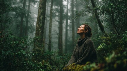 Adult female in meditation pose among trees