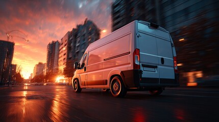 Van in motion on urban street during sunset