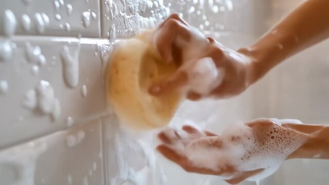 Close-up of a hand scrubbing a soapy tile wall in a bright bathroom with bubbles and foam