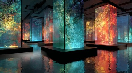 Abstract virtual gallery showcasing NFT art