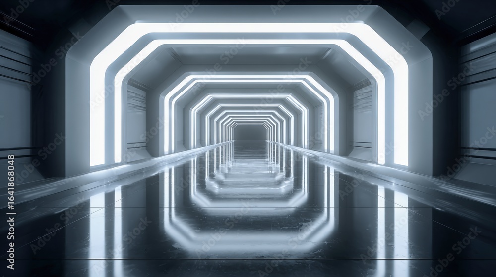 Poster futuristic illuminated corridor: modern architecture with geometric design and reflections for techn