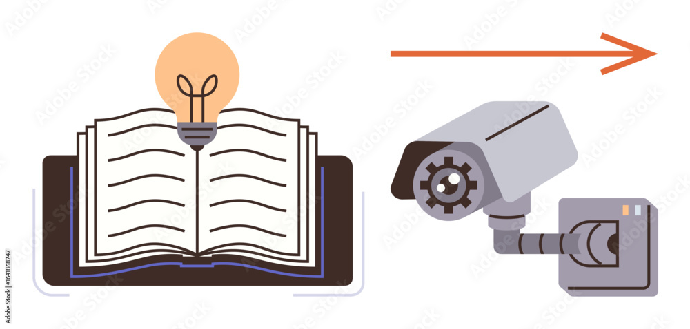 Aufkleber open book with lightbulb symbolizing learning and innovation, connected to surveillance camera with 