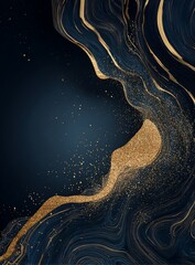 Swirling dark blue and gold abstract design with glittery accents