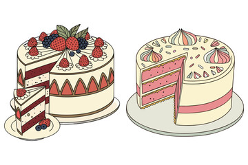 Strawberry and Berry Layer Cakes – Decorative Sliced Cake with Cream and Fruits