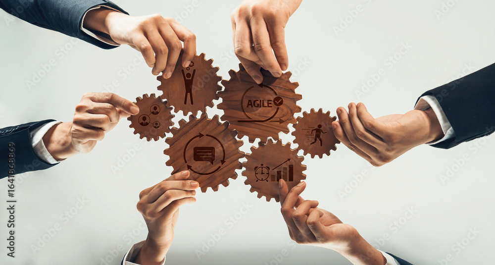 Aufkleber this image depicts a diverse team of professionals collaborating with gears, symbolizing agile metho