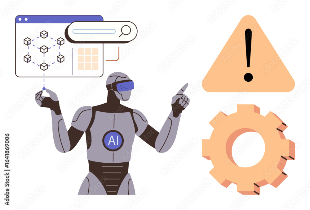 Poster ai robot examining data interface, pointing at warning sign near gear wheel. ideal for ai developmen