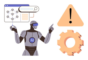 AI robot examining data interface, pointing at warning sign near gear wheel. Ideal for AI development, machine learning, automation risks, technology ethics, software debugging, industrial processes