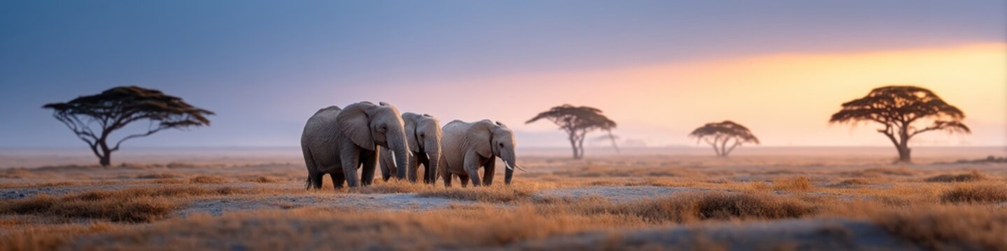 Majestic Savanna Landscape at Dusk Featuring Acacia Trees and Elephants in Harmony