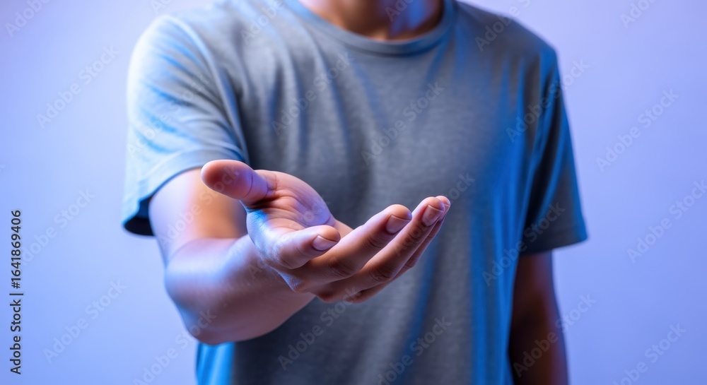Poster man reaching outward with open palm in offering gesture, isolated against gradient background, studi