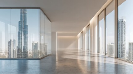 Modern Office Interior with City View, Bright and Spacious Commercial Space Design, Real Estate Investment