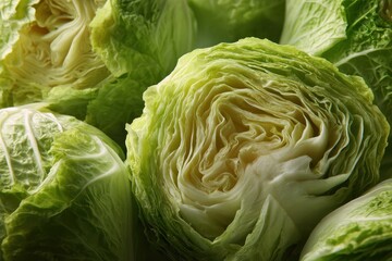 Obraz premium Fresh lettuce heads stacked neatly in a farm produce display showcasing vibrant green colors and intricate leaf patterns
